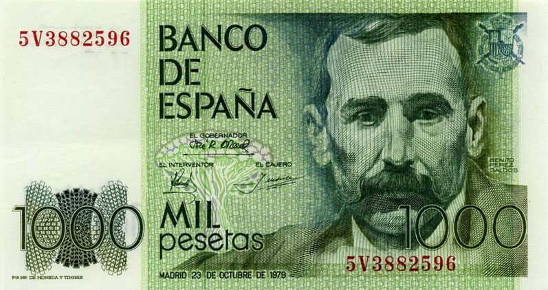 Billete de 1.000 pesetas con Benito Pérez Galdós, diseñado por Cruz Novillo