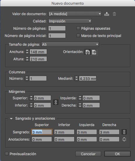 nuevo documento de indesign con sangrado
