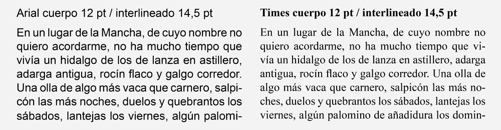 Comparativa de tamaño de una Arial y una Times