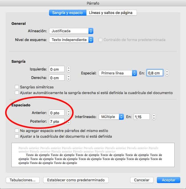 como añadir espacio anterior y posterior en word