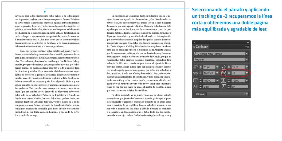 como arreglar líneas viudas en indesign ajustando el tracking manualmente