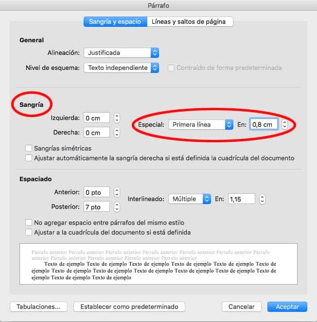 aplicar sangria a la primera linea en word