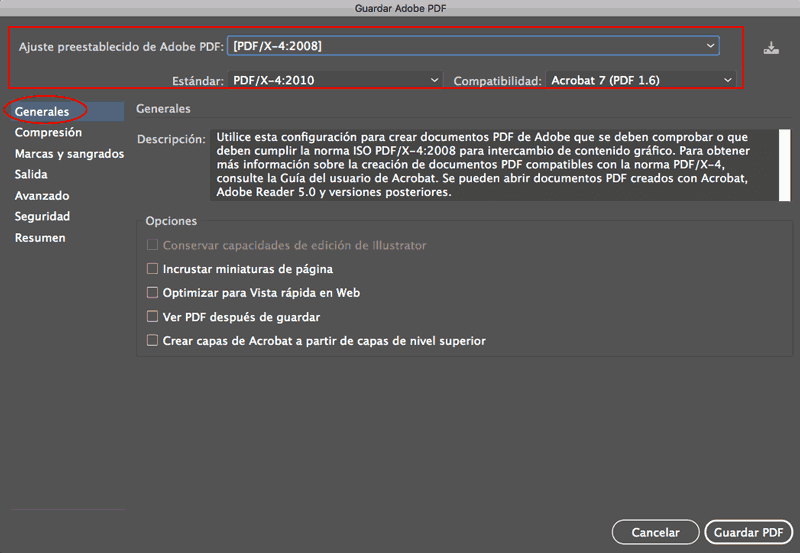 Guardar como PDF desde Illustrator paso 2 standard PDFX-3:2002