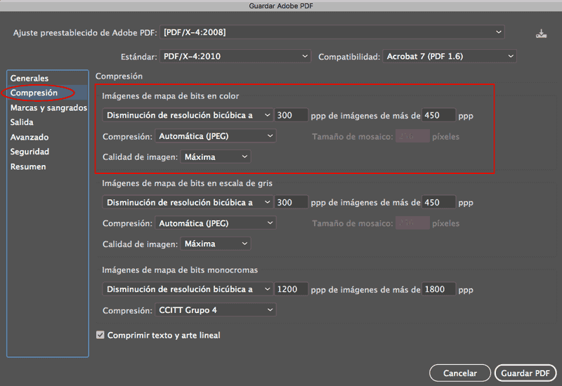 Guardar como PDF desde Illustrator, paso 3 compresión