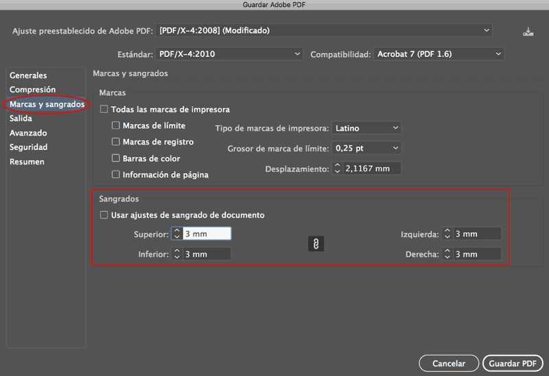 Guardar como PDF desde Illustrator paso4, marcas y sangrado