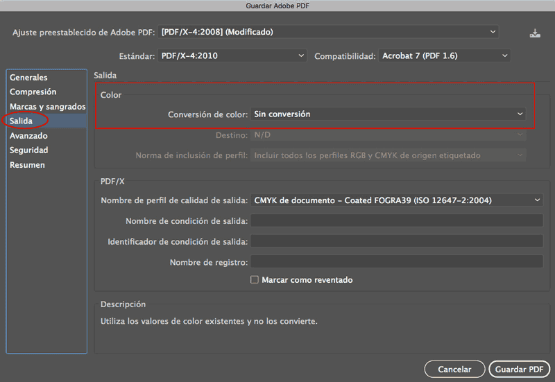 Guardar como PDF desde Illustrator, paso 5.1 sin conversión de color