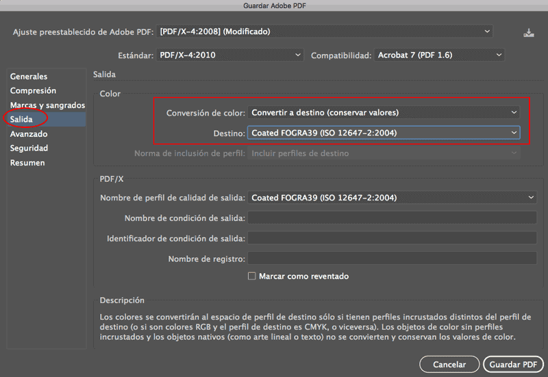 Guardar como PDF desde Illustrator, paso 5.2 convertir a destino FOGRA39