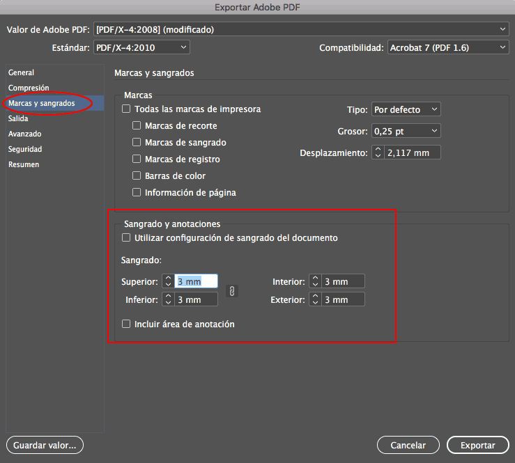 Crear PDF desde Indesign paso 4 Marcas y sangrados
