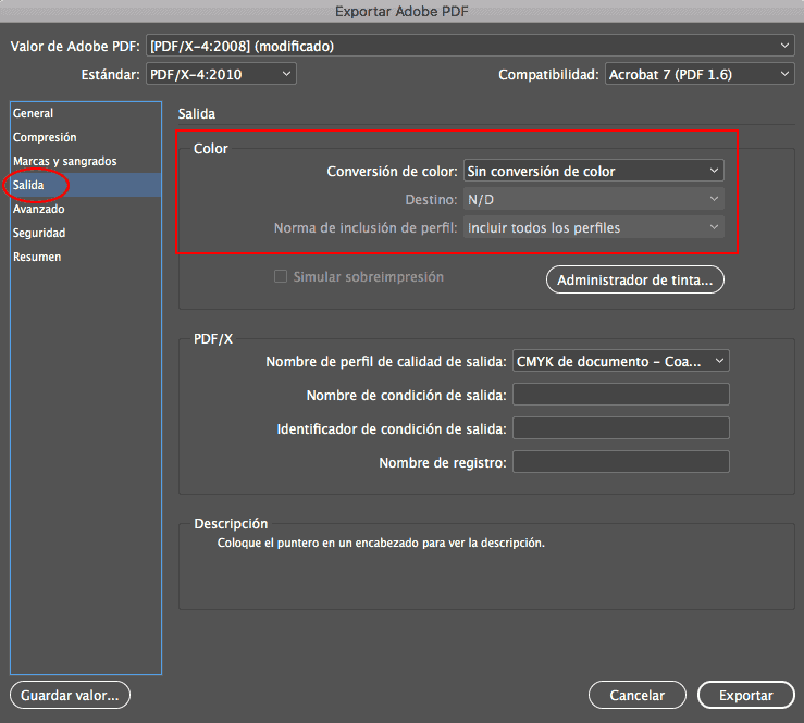 Convertir a PDF desde Indesign paso 5.1 sin conversion a color