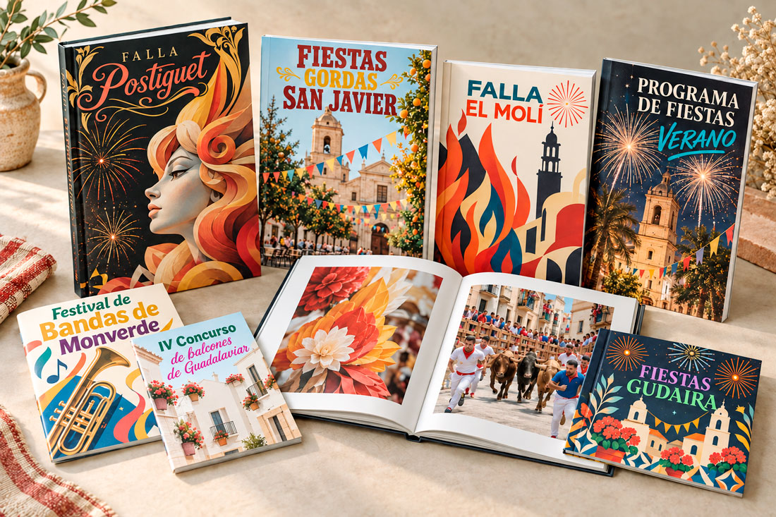 ejemplos-de-libros-de-fiestas-portadas Bodegón con ejemplos de portadas de libros de fiestas, en diferentes tamaños y encuadernaciones
